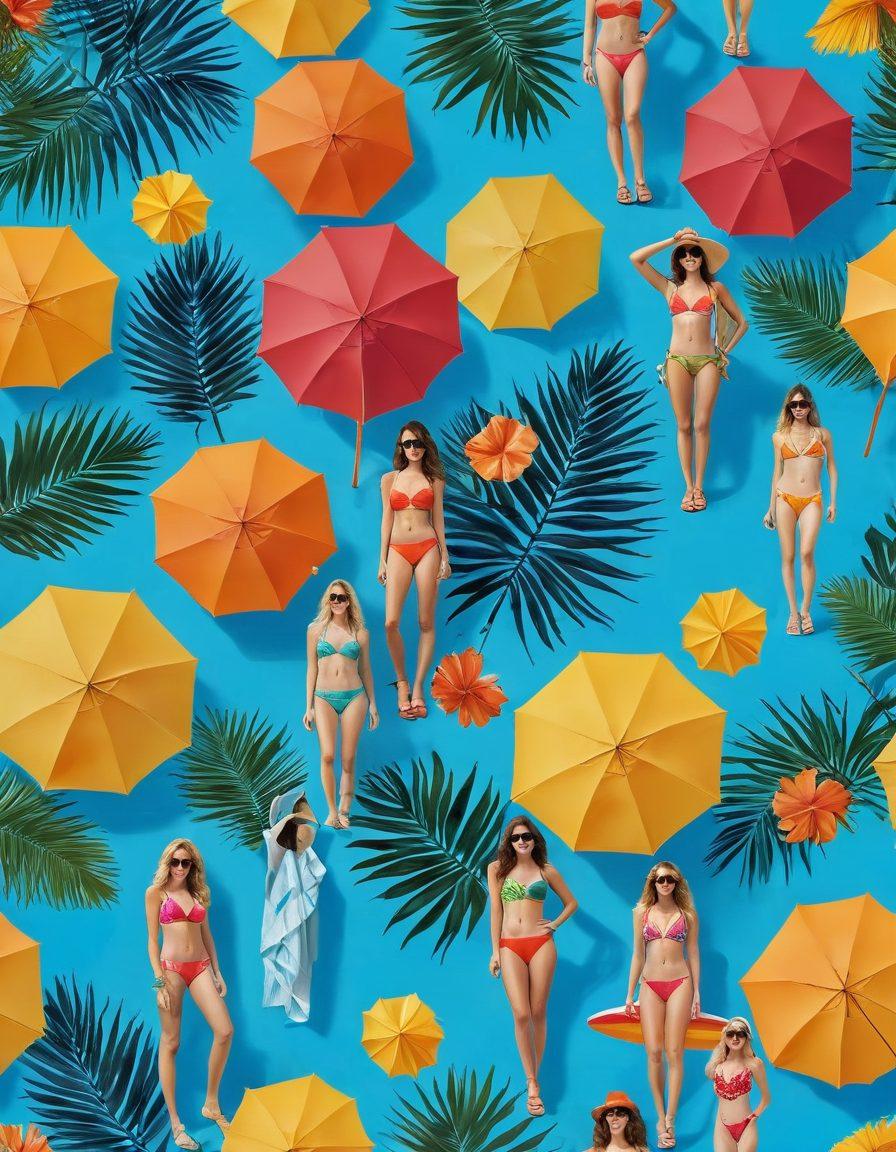 A vibrant beach scene showcasing a diverse group of stylish individuals in trendy bikinis and two-piece suits, set against a clear blue sky and golden sand. Include accessories like sunglasses, hats, and beach towels in fashionable colors. Add tropical palm trees and colorful beach umbrellas for a lively atmosphere. Capture the joy of summer fashion with a spotlight on textures and details in the swimwear. super-realistic. vibrant colors. summery background.